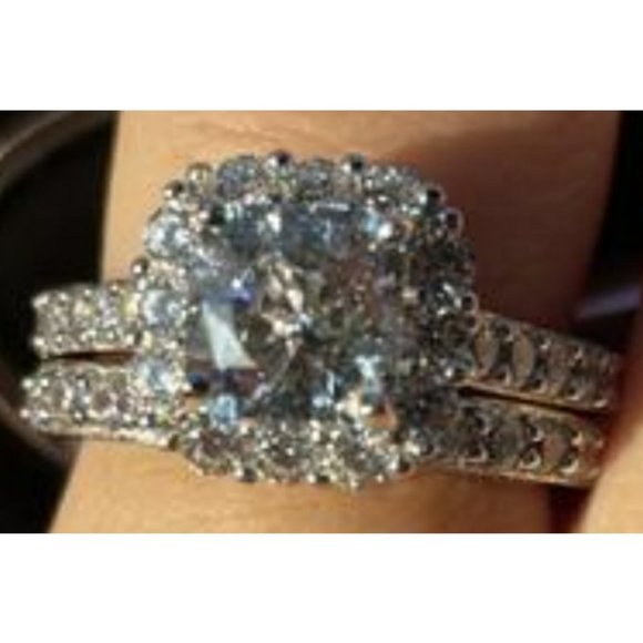 100 Facets by DiamonArt® 3.11 CT. T.W. Halo Bridal Set Sterling Silver